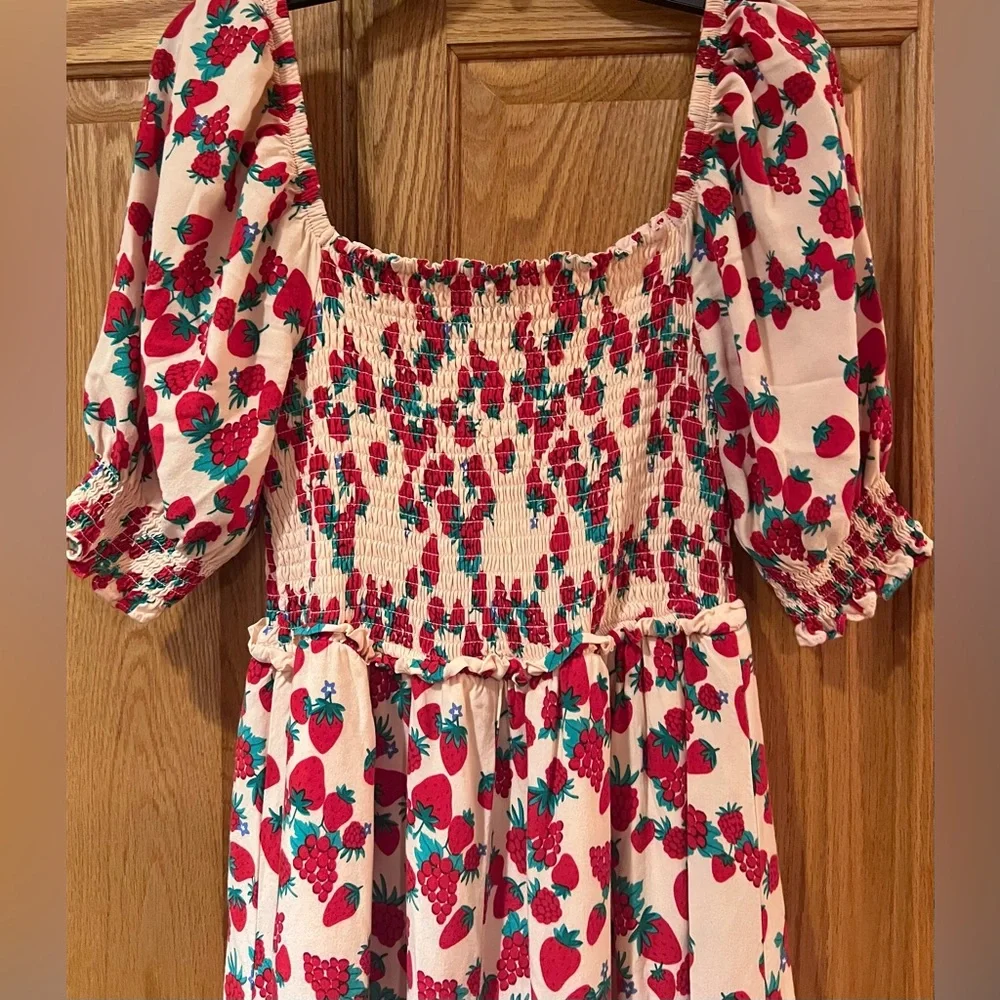 Betsey Johnson Strawberry Fields Smocked Challis Puff Sleeve Milkmaid Maxi Dress